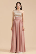 Elegante vestido de fiesta de noche de gasa con lentejuelas y un solo hombro