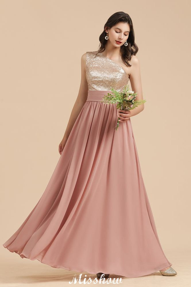 Elegante vestido de fiesta de noche de gasa con lentejuelas y un solo hombro