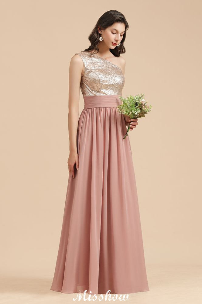 Elegante vestido de fiesta de noche de gasa con lentejuelas y un solo hombro