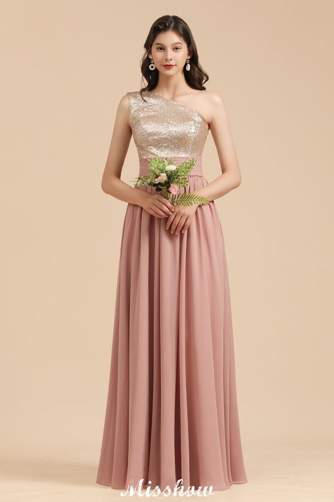 Elegante vestido de fiesta de noche de gasa con lentejuelas y un solo hombro