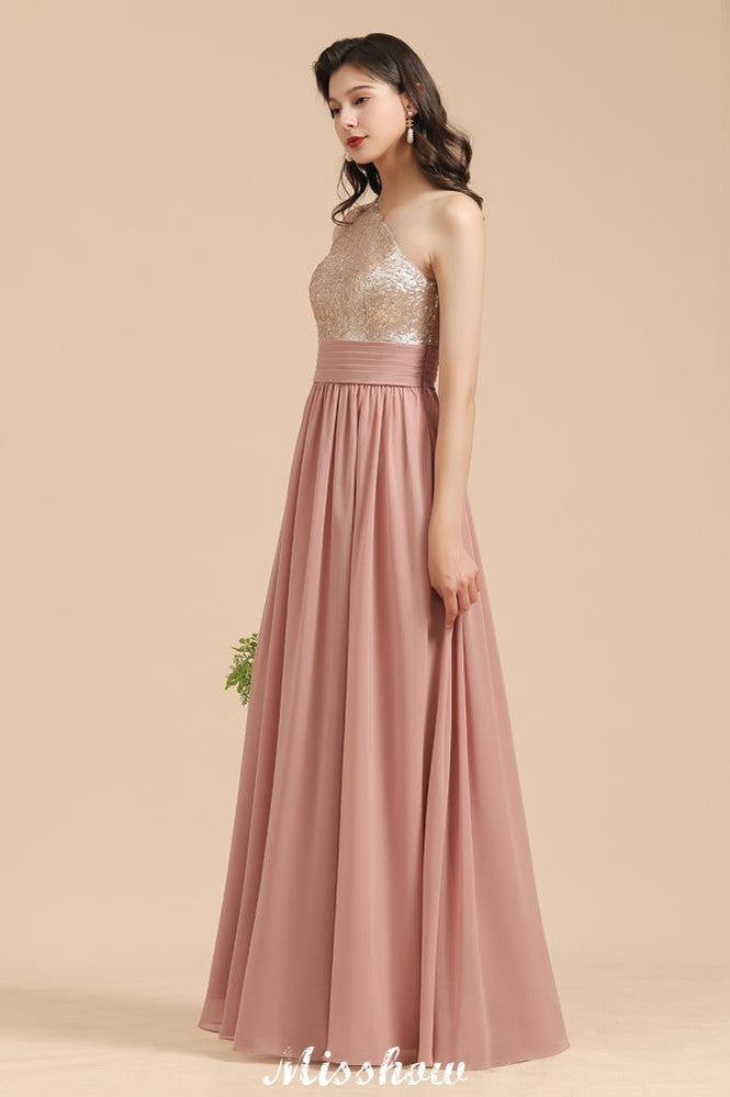 Elegante vestido de fiesta de noche de gasa con lentejuelas y un solo hombro