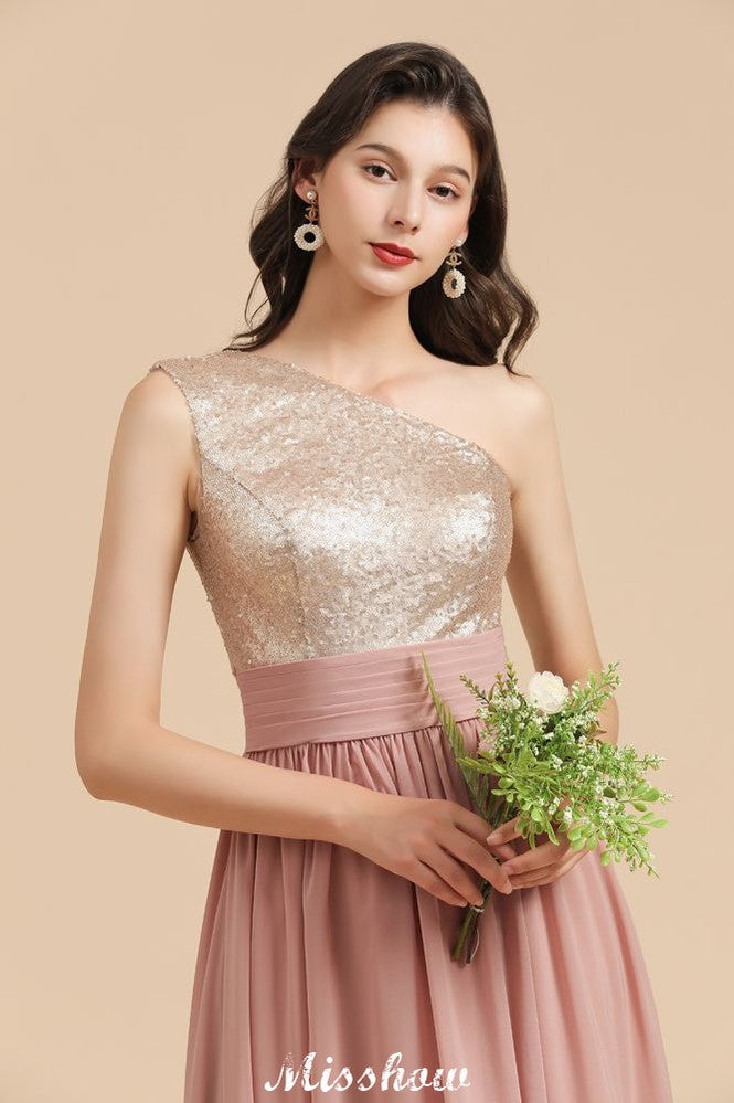 Elegante vestido de fiesta de noche de gasa con lentejuelas y un solo hombro