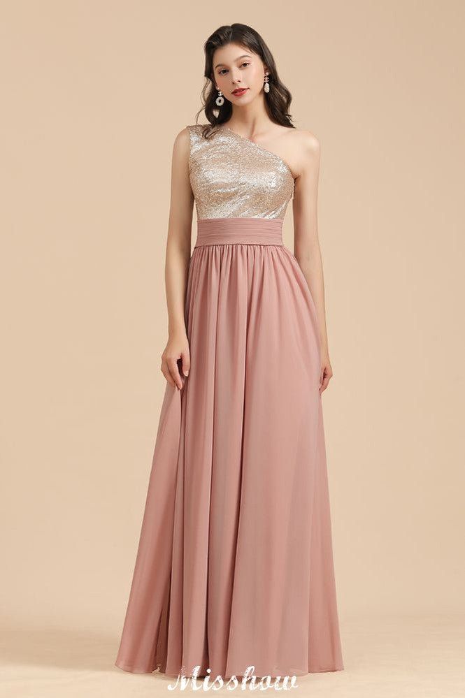 Elegante vestido de fiesta de noche de gasa con lentejuelas y un solo hombro