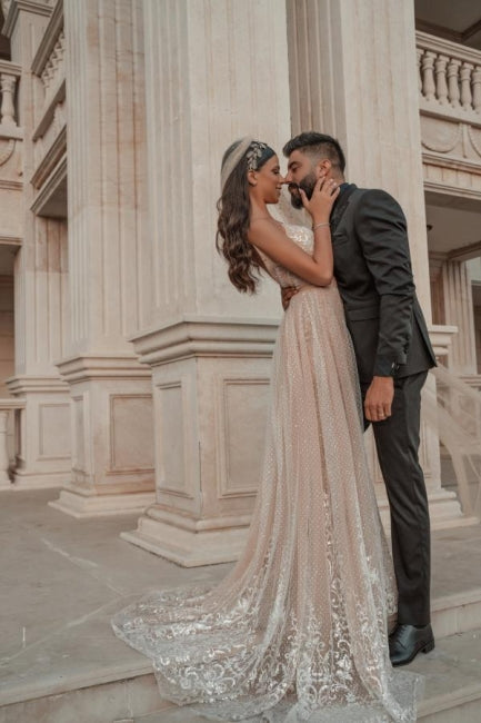Robe de soirée élégante sans manches à col en V, robe de bal trapèze dos nu avec applications de dentelle