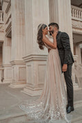 Robe de soirée élégante sans manches à col en V, robe de bal trapèze dos nu avec applications de dentelle