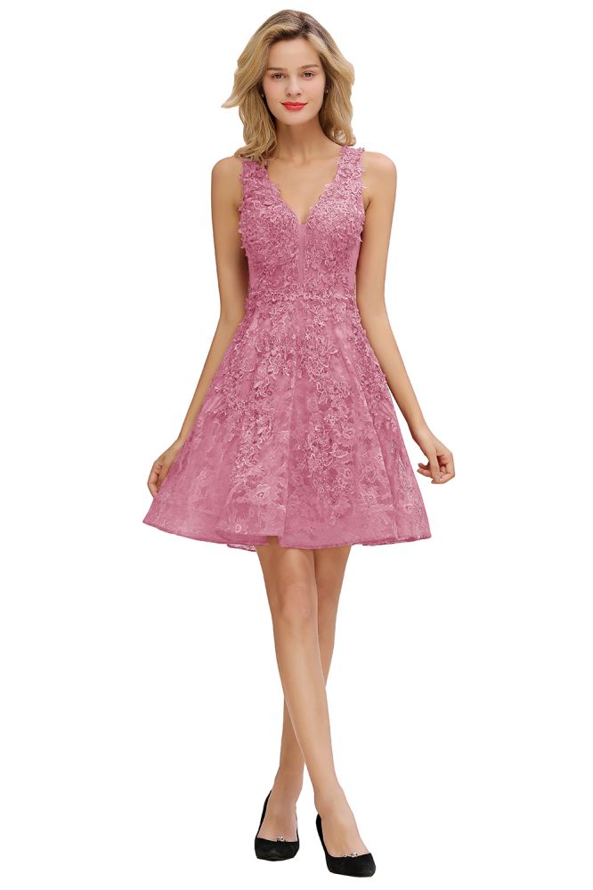 Robe de soirée élégante à col en V ornée d'appliqués floraux, longueur genou, sans manches