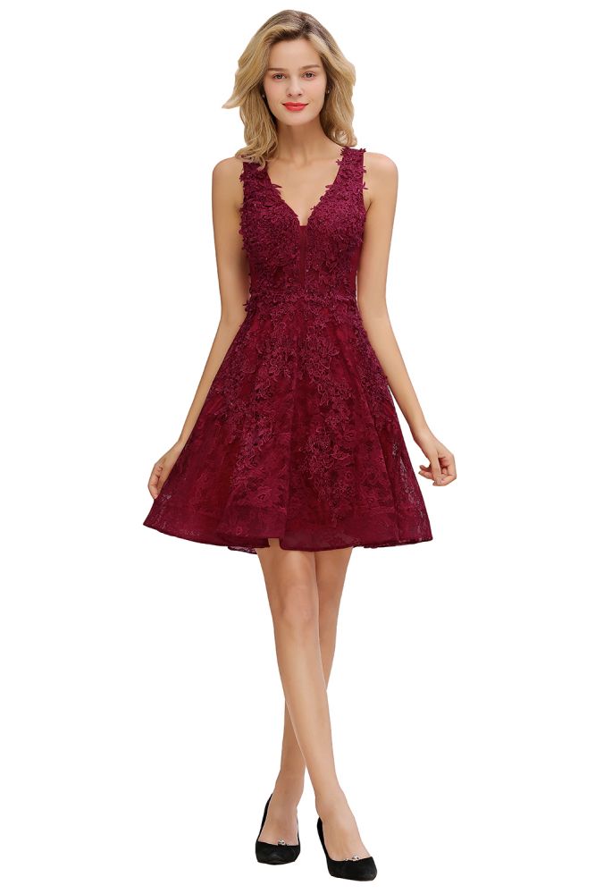 Robe de soirée élégante à col en V ornée d'appliqués floraux, longueur genou, sans manches