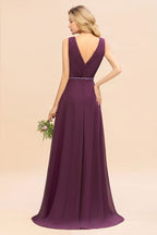 Elegante vestido de fiesta asimétrico con escote en V y corte en A, estilo dama de honor, de gasa con cuentas.