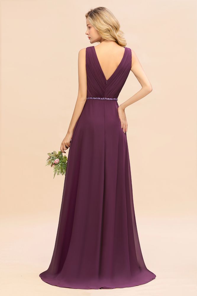 Elegante vestido de fiesta asimétrico con escote en V y corte en A, estilo dama de honor, de gasa con cuentas.