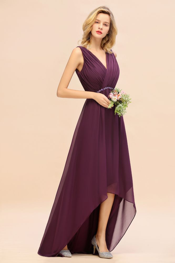 Elegante vestido de fiesta asimétrico con escote en V y corte en A, estilo dama de honor, de gasa con cuentas.