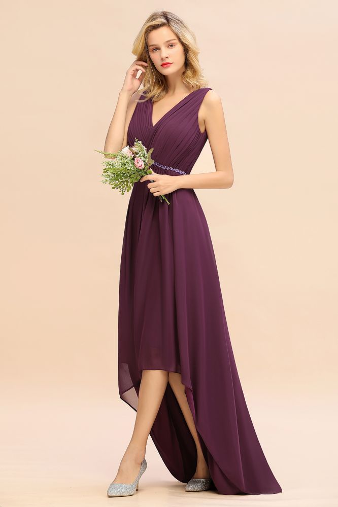 Elegante vestido de fiesta asimétrico con escote en V y corte en A, estilo dama de honor, de gasa con cuentas.