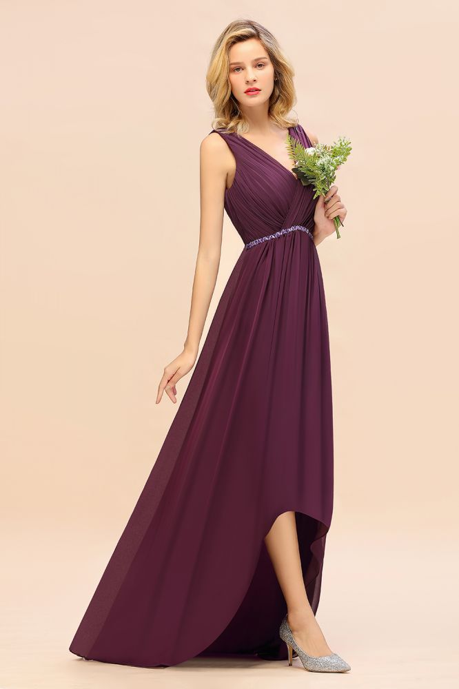 Elegante vestido de fiesta asimétrico con escote en V y corte en A, estilo dama de honor, de gasa con cuentas.