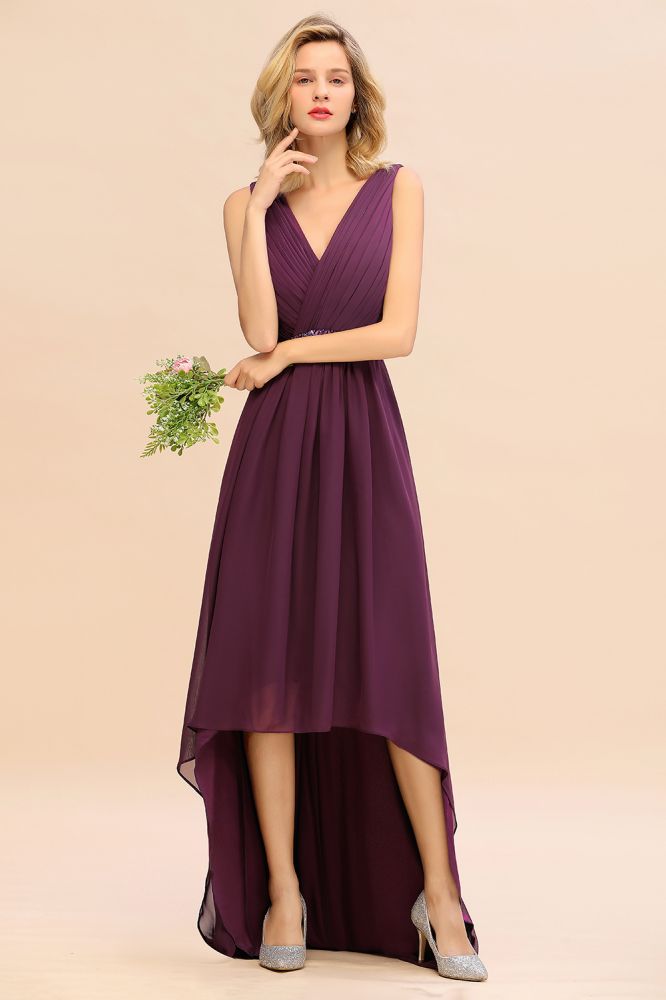 Elegante vestido de fiesta asimétrico con escote en V y corte en A, estilo dama de honor, de gasa con cuentas.