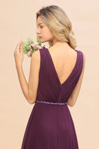 Elegante vestido de fiesta asimétrico con escote en V y corte en A, estilo dama de honor, de gasa con cuentas.
