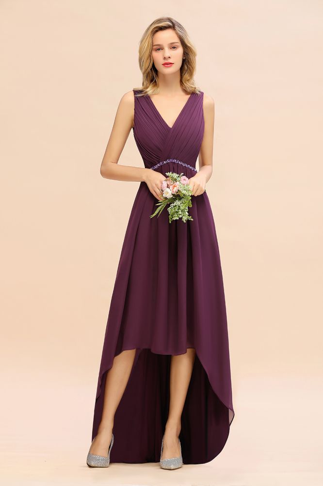 Elegante vestido de fiesta asimétrico con escote en V y corte en A, estilo dama de honor, de gasa con cuentas.