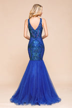 Robe de bal sirène élégante à col en V et sequins scintillants, sans manches, longue jusqu'au sol, style froncé