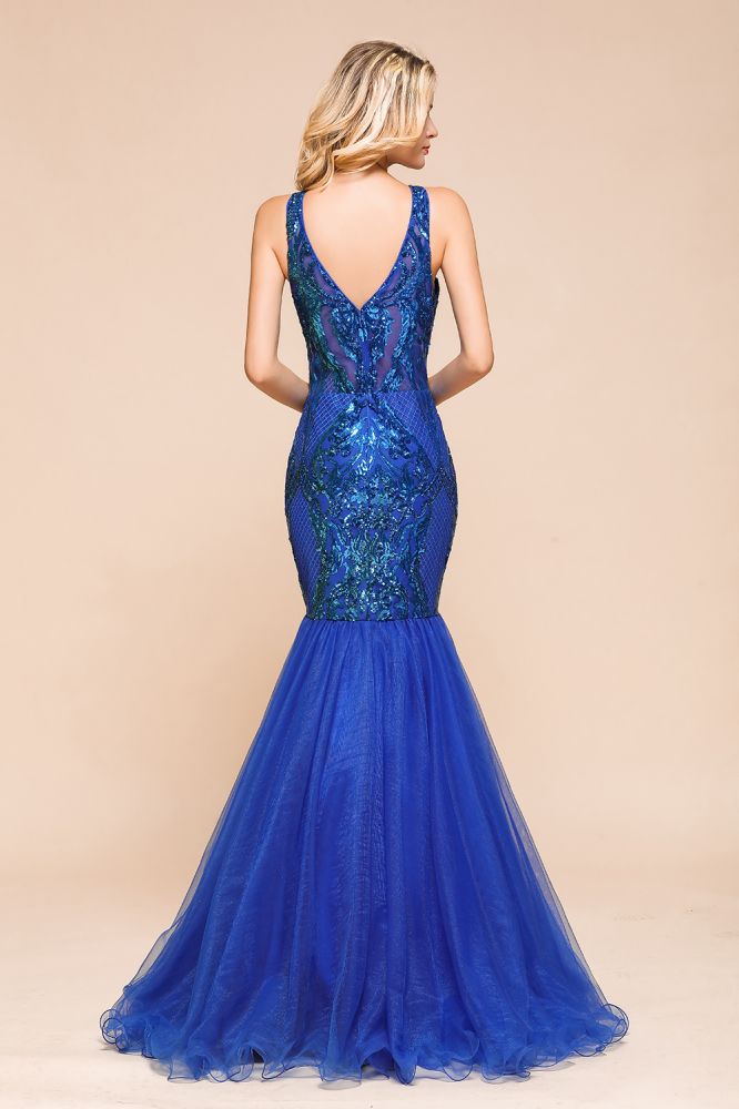 Robe de bal sirène élégante à col en V et sequins scintillants, sans manches, longue jusqu'au sol, style froncé