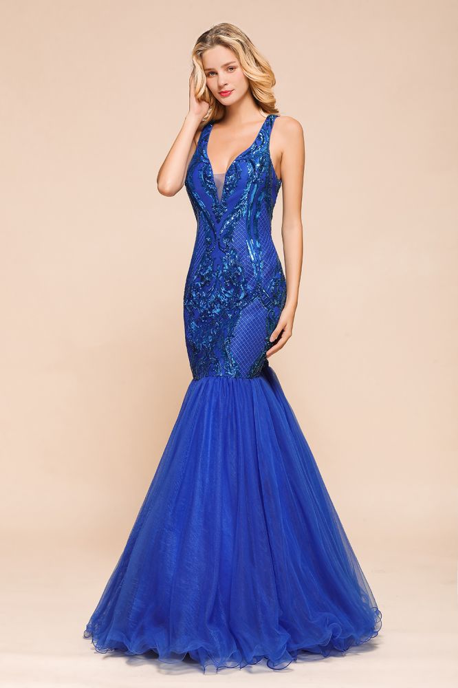 Robe de bal sirène élégante à col en V et sequins scintillants, sans manches, longue jusqu'au sol, style froncé