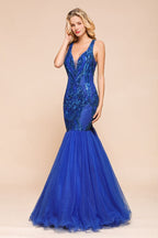 Robe de bal sirène élégante à col en V et sequins scintillants, sans manches, longue jusqu'au sol, style froncé