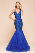 Robe de bal sirène élégante à col en V et sequins scintillants, sans manches, longue jusqu'au sol, style froncé