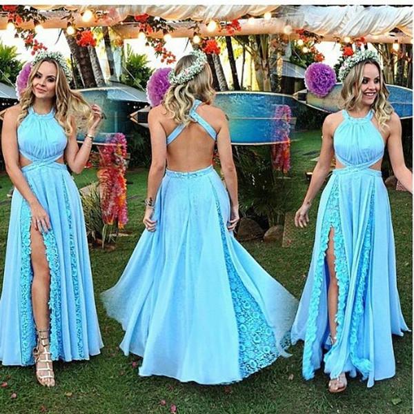 Charming Baby Blue Halter Lace Long Prom Dresses, Split Evening Dress with Lace
