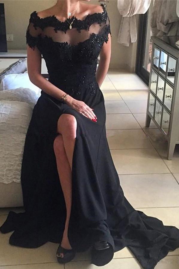 Beaded Off Shoulder Short Sleeves Split Prom Dress with Lace