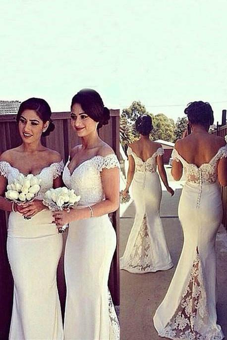 Vestidos de dama de honor largos hasta el suelo, de gasa y encaje, estilo sirena y con hombros descubiertos
