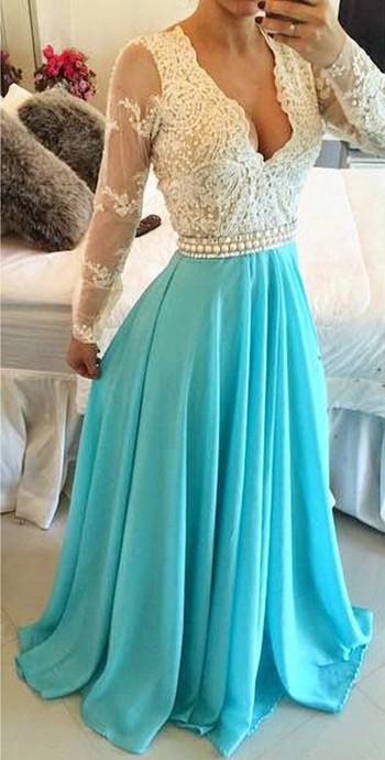 Open Back V-neck Chiffon Prom Dresses, Formal Dress With Long Sleeves
