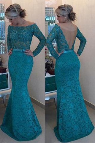 Robe de bal turquoise en dentelle, longue jusqu'au sol, épaules dénudées, manches longues et perles 