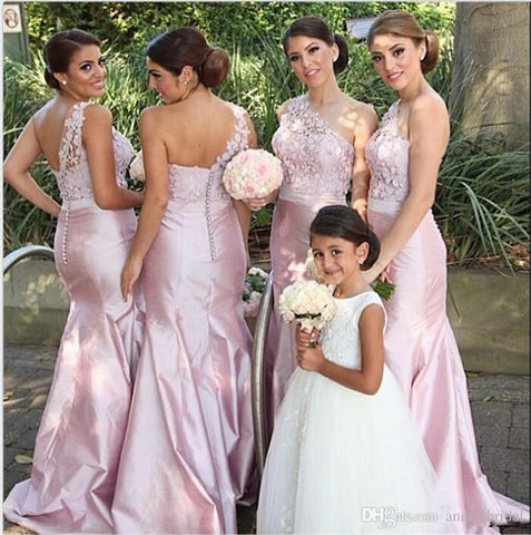 Gorgeous Pink Mermaid One Shoulder Long Bridesmaid Dresses with Lace