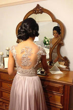 Chiffon Beaded Simple A-line Cap Sleeve Long Bridesmaid Dresses on line