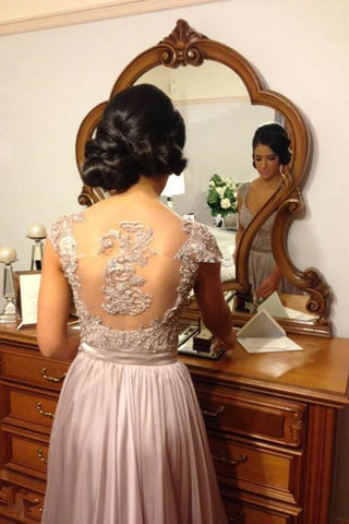 Robes de demoiselle d'honneur longues en mousseline perlée, coupe trapèze, manches courtes, disponibles en ligne