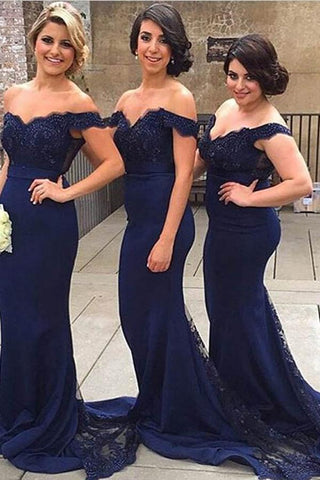 Charming Navy Off shoulder Lace Court Train Mermaid Bridesmaid Dress