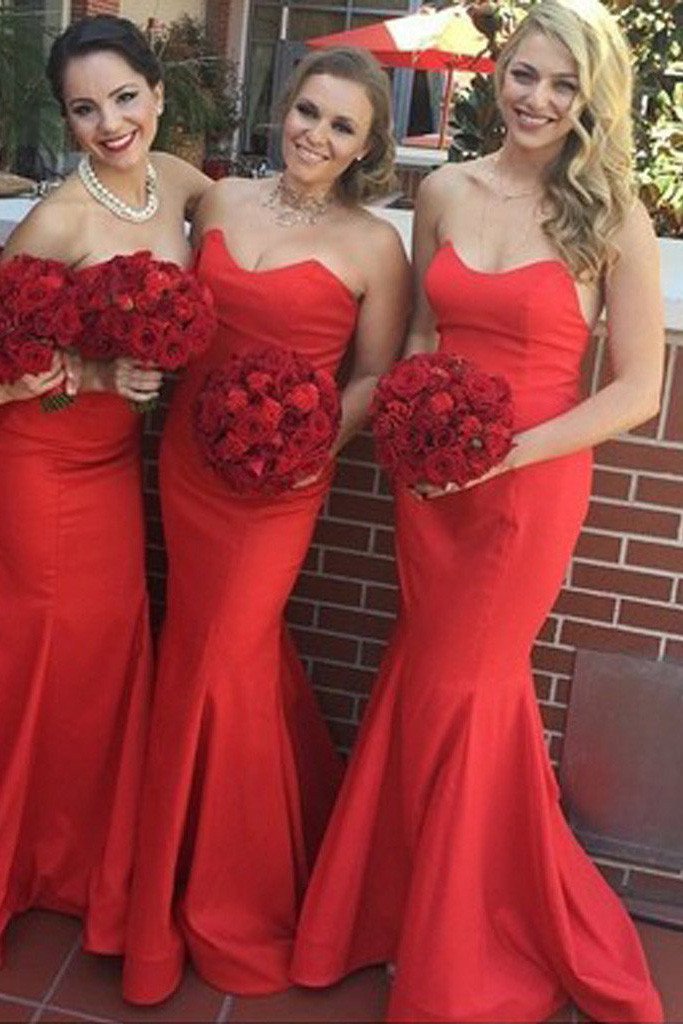 Vestidos de dama de honor de sirena con escote corazón en satén rojo, impresionante vestido para la fiesta de bodas 