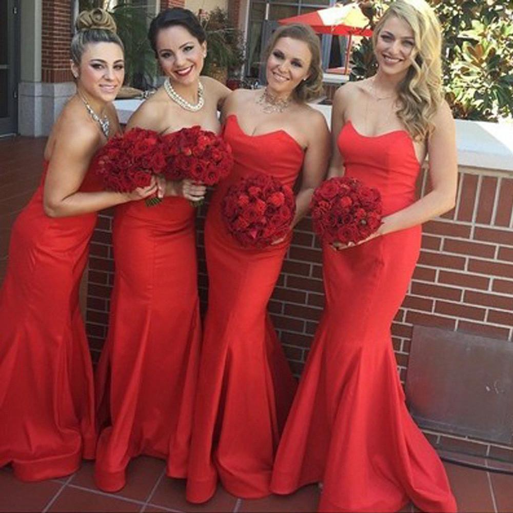 Vestidos de dama de honor de sirena con escote corazón en satén rojo, impresionante vestido para la fiesta de bodas 