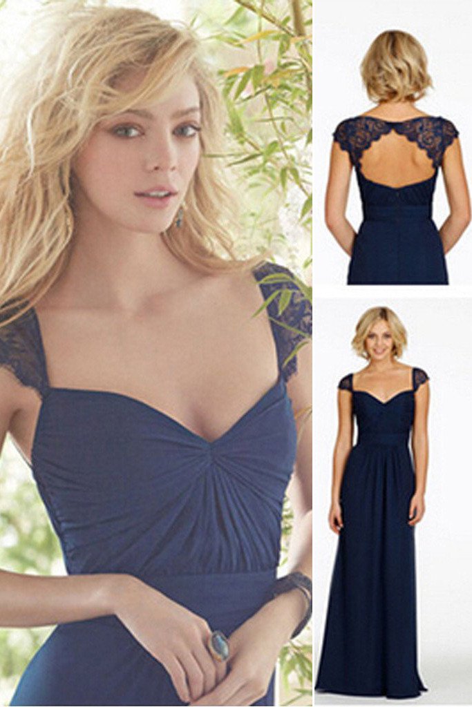 Vestidos de dama de honor azul marino de gasa con mangas cortas, encaje y espalda descubierta con escote corazón 