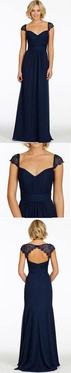 Robes de demoiselle d'honneur bleu marine à manches courtes en mousseline de soie et dentelle, dos nu et décolleté cœur 