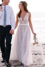 Baoleely White Tulle Deep V Neck Lace Beach Wedding Dresses, Bridal Dresses, MW210
