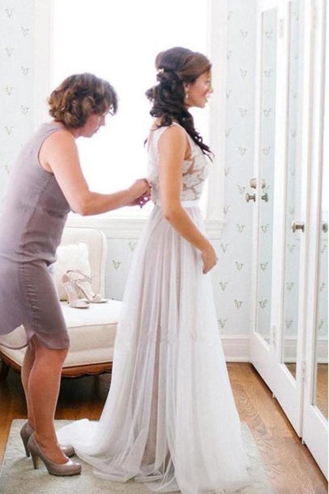Baoleely White Tulle Deep V Neck Lace Beach Wedding Dresses, Bridal Dresses, MW210