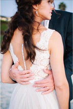 Baoleely White Tulle Deep V Neck Lace Beach Wedding Dresses, Bridal Dresses, MW210