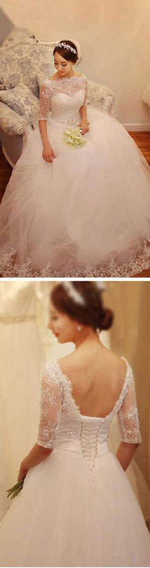 Baoleely White Lace Tulle Half Sleeve Wedding Dresses with Beading, Bridal Gowns, MW159