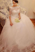 Baoleely White Lace Tulle Half Sleeve Wedding Dresses with Beading, Bridal Gowns, MW159