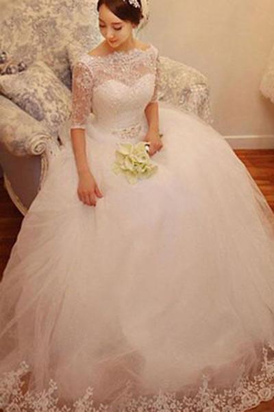 Baoleely White Lace Tulle Half Sleeve Wedding Dresses with Beading, Bridal Gowns, MW159