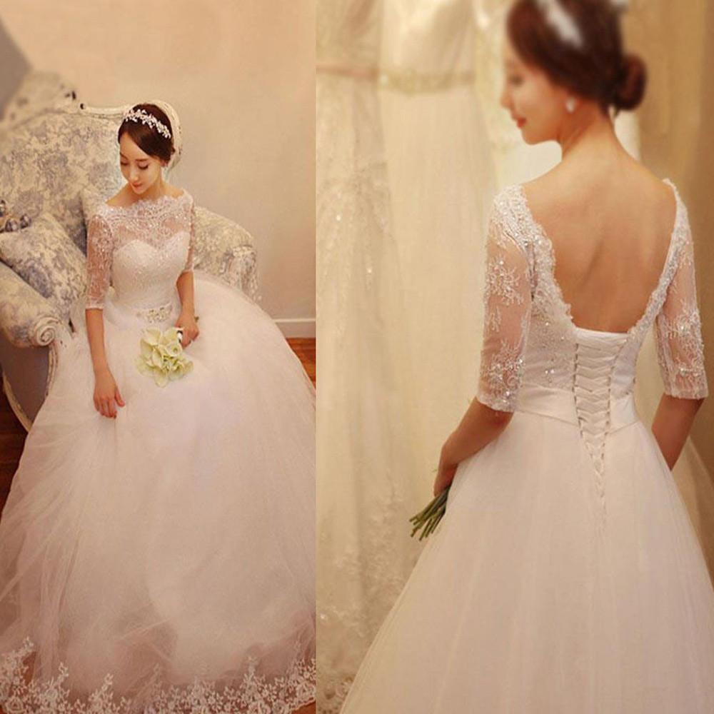 Baoleely White Lace Tulle Half Sleeve Wedding Dresses with Beading, Bridal Gowns, MW159