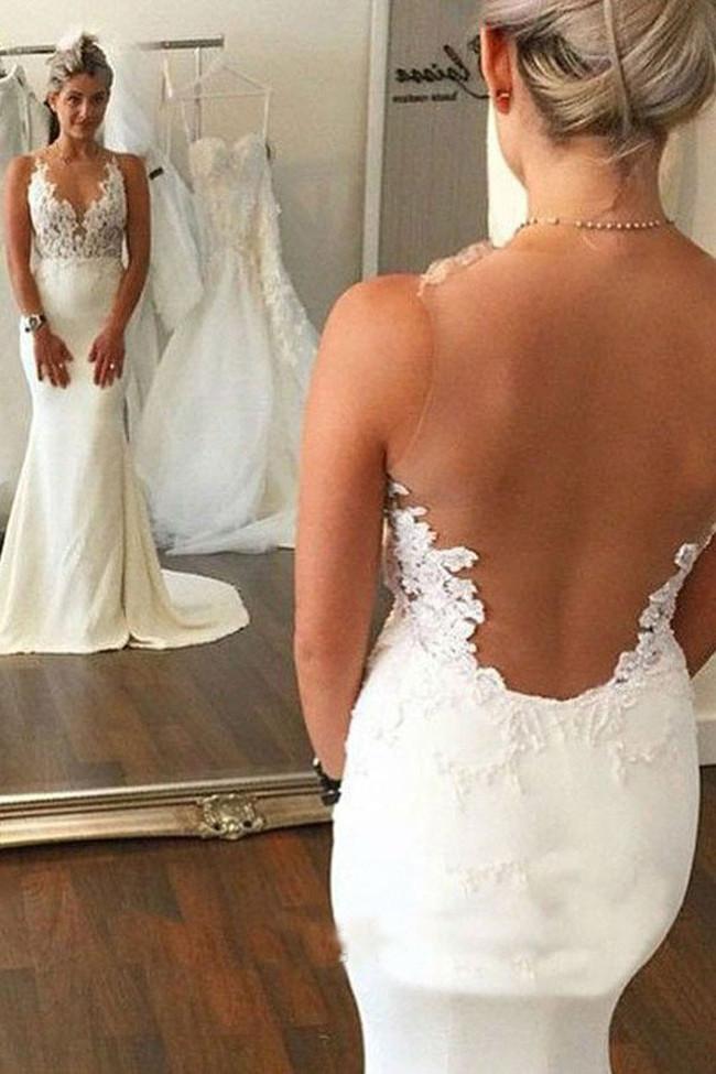 Baoleely White Lace See Through Mermaid Open Back Wedding Dresses, MW203