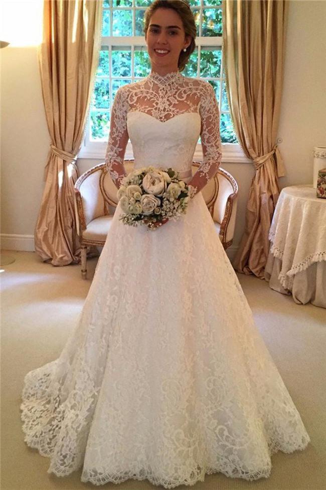 Robe de mariée trapèze en dentelle à col montant, manches longues et dos nu, robes de mariée 