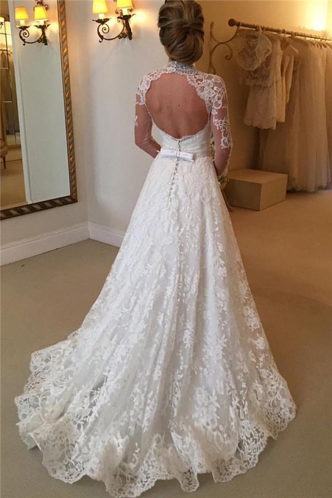 Robe de mariée trapèze en dentelle à col montant, manches longues et dos nu, robes de mariée 