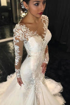 Baoleely White Long Sleeve Lace See Through Wedding Dress, Elegant Bridal Dresses, MW189