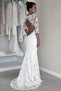 Baoleely White Lace Open Back Long Sleeve Mermaid Long Wedding Dresses, MW187
