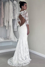 Baoleely White Lace Open Back Long Sleeve Mermaid Long Wedding Dresses, MW187